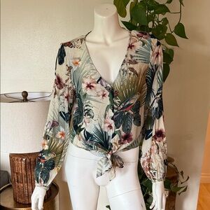 H&M Tropical Butterfly Bird Floral Print Tie-Front Blouse